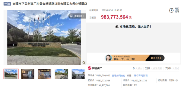 牛金所配资 大理实力希尔顿酒店司法拍卖因无人报名流拍，起拍价约9.84亿元
